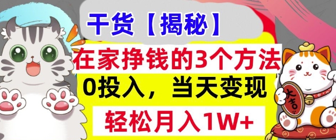 在家挣钱的3个方法，0投入，当天变现，轻松月入过W-冒泡网