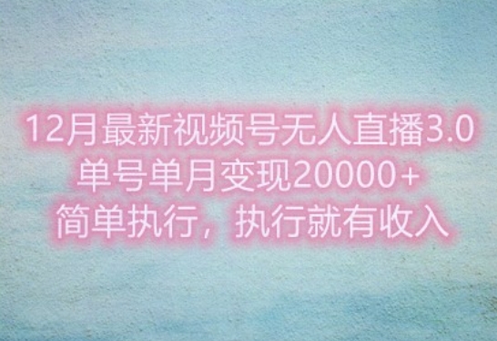 12月最新视频号无人直播3.0，单号单月变现过w，简单执行，执行就有收入-冒泡网
