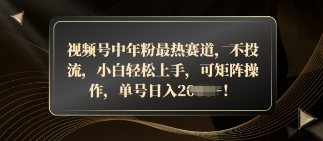 视频号中年粉最热赛道，不投流，小白轻松上手，可矩阵操作-冒泡网