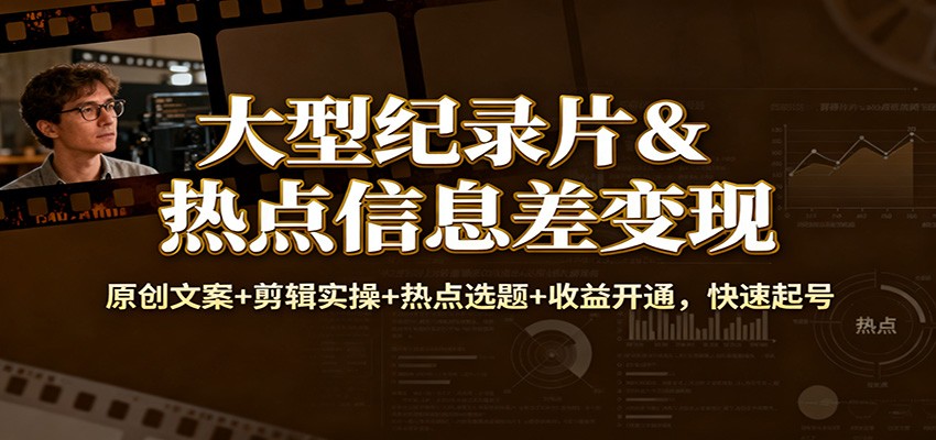 大型纪录片&热点信息差变现：原创文案+剪辑实操+热点选题+收益开通，快速起号-冒泡网