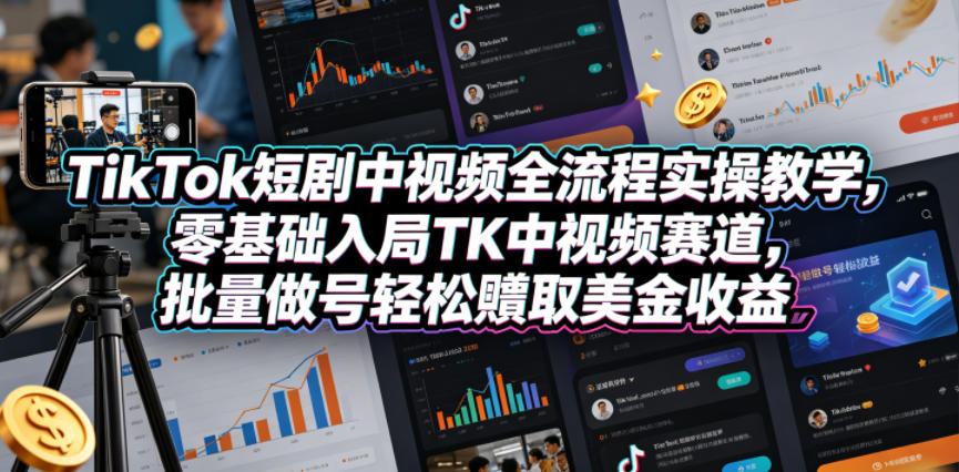 TikTok短剧中视频全流程实操教学，零基础入局TK中视频赛道，批量做号轻松賺取美金收益-冒泡网