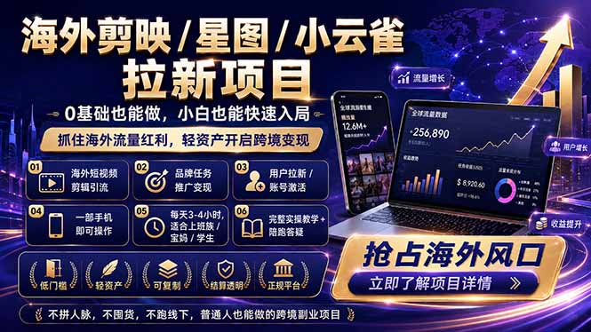 海外剪映 / 星图 / 小云雀拉新项目 普通人也能上手的跨境流量变现副业-冒泡网