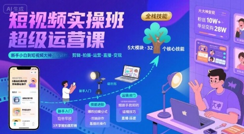 短视频实操班超级运营课，新手小白到短视频大神必修课程，剪辑-拍摄-运营-直播-变现-冒泡网