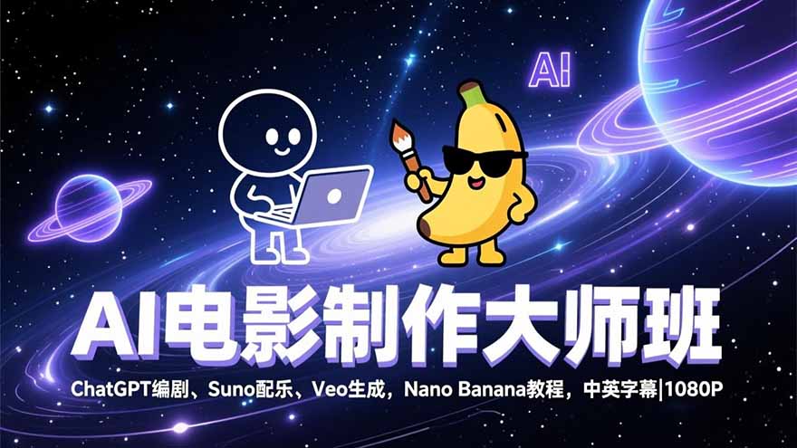 AI电影制作大师班：ChatGPT编剧、Suno配乐、Veo生成，Nano Banana教程，中英字幕|1080P-冒泡网