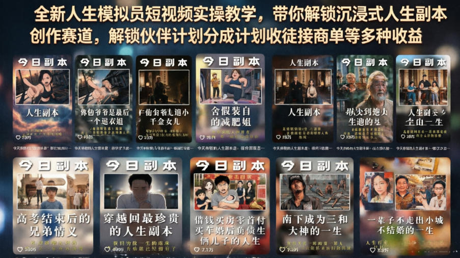 全新人生模拟员短视频实操教学，带你解锁沉浸式人生副本创作赛道，解锁伙伴计划分成计划收徒接商单等多种收益-冒泡网