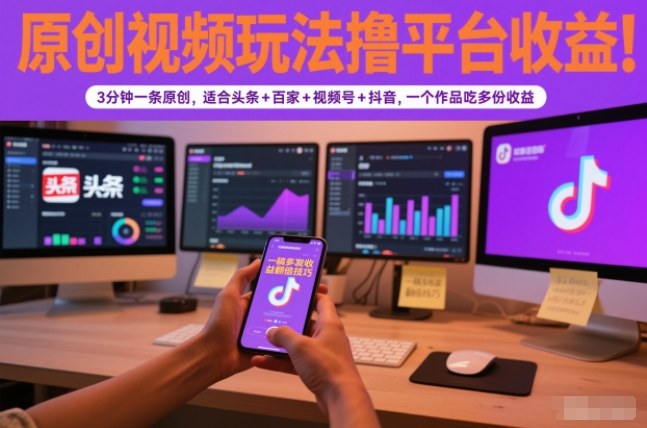 原创视频玩法撸平台收益，3分钟一条原创，适合头条+百家+视频号+抖音，一个作品吃多份收益-冒泡网