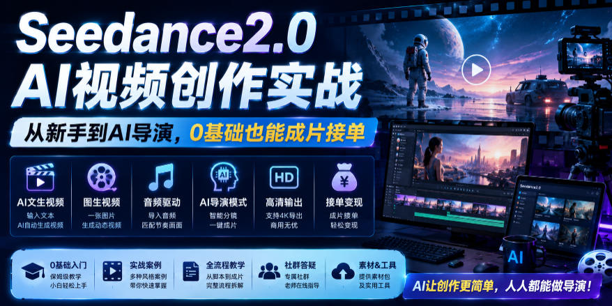 Seedance2.0 AI视频创作实战，从新手到AI导演，0基础也能成片接单变现-冒泡网