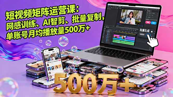 短视频矩阵运营课：网感训练、AI智剪、批量复制，单账号月均播放量500万+-冒泡网
