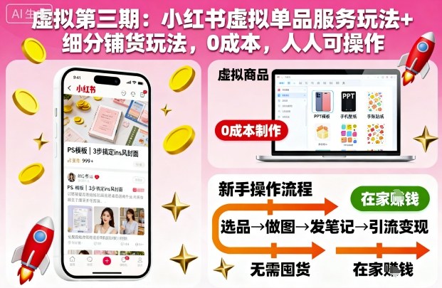 虚拟第三期:小红书虚拟单品服务玩法+细分铺货玩法,0成本,人人可操作-冒泡网