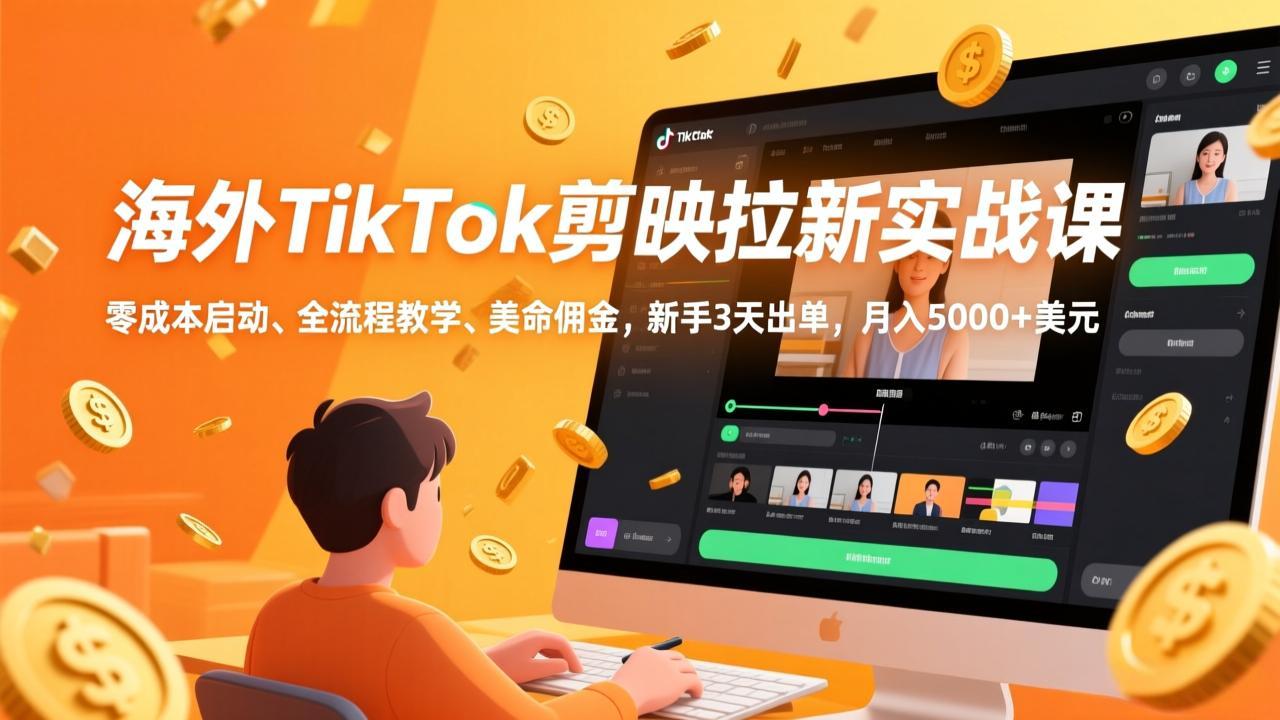 海外TikTok剪映拉新实战课，零成本启动、全流程教学、美金佣金，新手3天出单，月入5000+美元-冒泡网