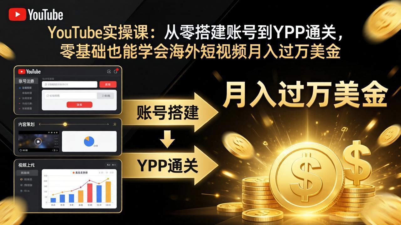 YouTube实操课：从零搭建账号到YPP通关，零基础也能学会海外短视频月入过万美金-冒泡网