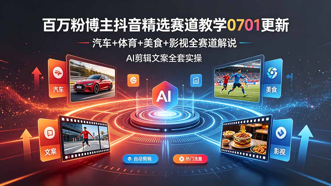 百万粉博主抖音精选赛道教学-0701更新，汽车+体育+美食+影视全赛道解说，AI剪辑文案全套实操-冒泡网