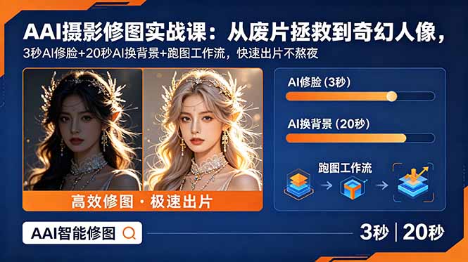 AI摄影修图实战课：从废片拯救 到 奇幻人像，3秒AI修脸+20秒AI换背景+跑图工作流，快速出片不熬夜-冒泡网