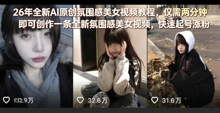 26年全新AI原创氛围感美女视频教程,仅需两分钟即可创作一条全新氛围感美女视频,快速起号涨粉-冒泡网