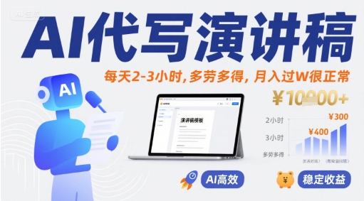 AI代写演讲稿，每天2-3小时，多劳多得，月入过W很正常-冒泡网