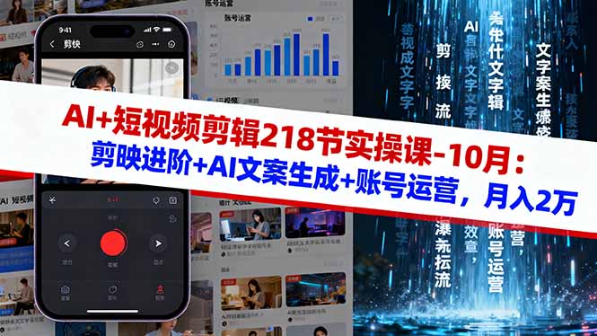 AI+短视频剪辑218节实操课-10月：剪映进阶+AI文案生成+账号运营，月入2万-冒泡网