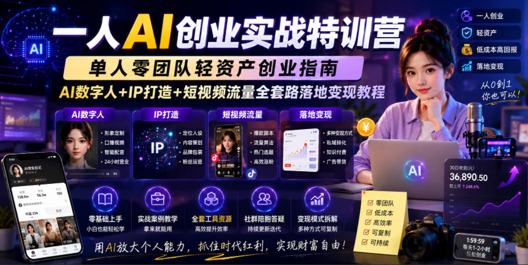 210170ca3f9638fed831724342e5c2e5.jpeg 一人AI创业实战特训营,单人零团队轻资产创业指南,AI数字人+IP打造+短视频流量全套路落地变现教程