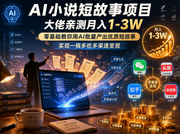 AI小说短故事项目，大佬亲测月入1-3W，零基础教你用AI批量产出优质短故事，实现一稿多吃多渠道变现-冒泡网