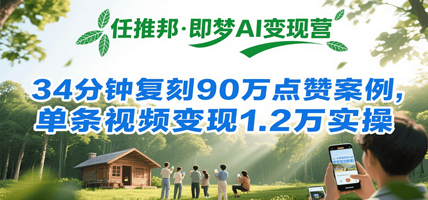 任推邦·即梦AI变现营，34分钟复刻90万点赞案例，单条视频变现1.2万实操-冒泡网