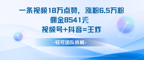 一条视频18W点赞，涨粉6.5W粉佣金8541米，视频号+抖音=王炸-冒泡网