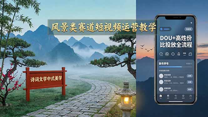 风景类赛道短视频运营教学:诗词文学中式美学,新号养号对标账号定位,DOU+高性价比投放全流程-冒泡网
