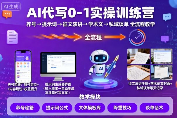 AI代写0-1实操训练营，从养号、提示词、征文演讲、学术文，到私域谈单的全流程教学-冒泡网