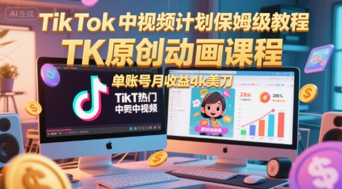 TikTok中视频计划保姆级教程，TK原创动画课程，单账号月收益4k美刀-冒泡网