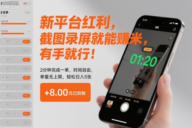 新平台红利，截图录屏就能賺米，有手就行！2分钟完成一单，时间自由，单量无上限，轻松日入5张【揭秘】-冒泡网