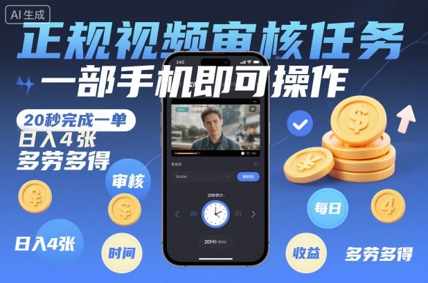 正规视频审核任务，一部手机即可操作，20秒完成一单，日入4张，多劳多得【揭秘】-冒泡网