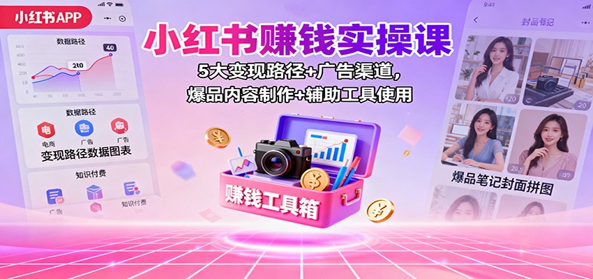 小红书赚钱实操课：5大变现路径+广告渠道，爆品内容制作+辅助工具使用-冒泡网
