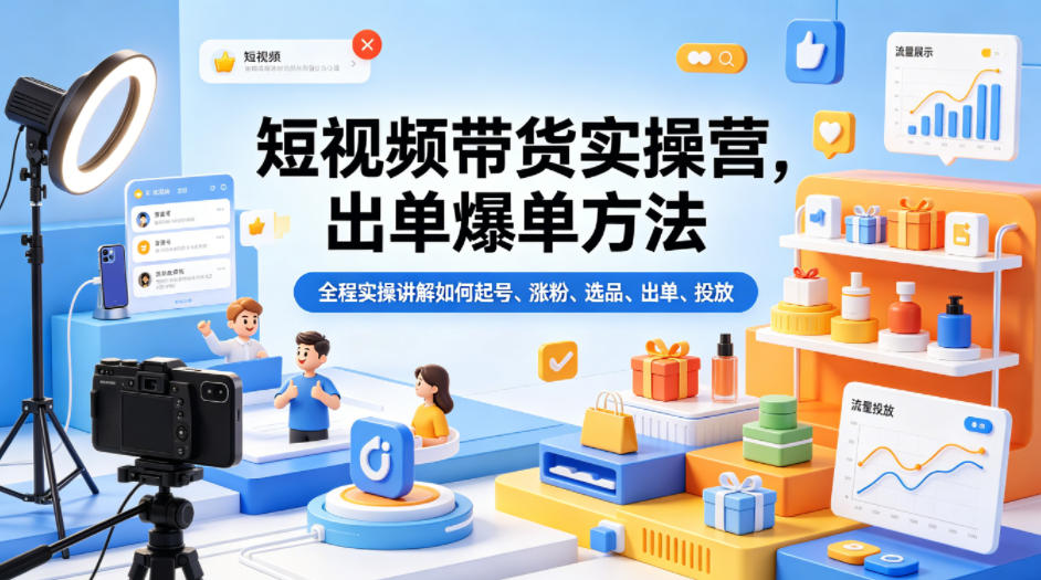 短视频带货实操营,出单爆单方法,全程实操讲解如何起号、涨粉、选品、出单、投放-冒泡网