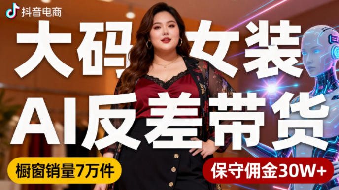 抖音小众赛道，大码女装AI反差带货，不用直播，每天6条作品，橱窗卖7万件，保守佣金30W+-冒泡网