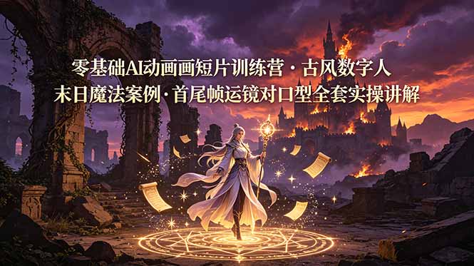 零基础AI动画短片训练营，古风数字人末日魔法案例，首尾帧运镜对口型全套实操讲解-冒泡网