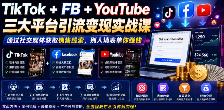 TikTok+FB+YouTube三大平台引流变现实战课，通过社交媒体获取销售线索，别人填表单你賺钱【原创双语字幕】-冒泡网