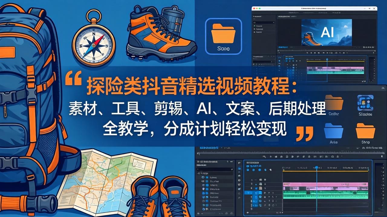探险类抖音精选视频教程：素材、工具、剪辑、AI、文案、后期处理全教学，分成计划轻松变现-冒泡网