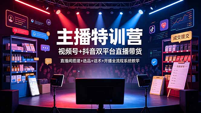 主播特训营：视频号+抖音双平台直播带货，直播间搭建+选品+话术+开播全流程系统教学-冒泡网