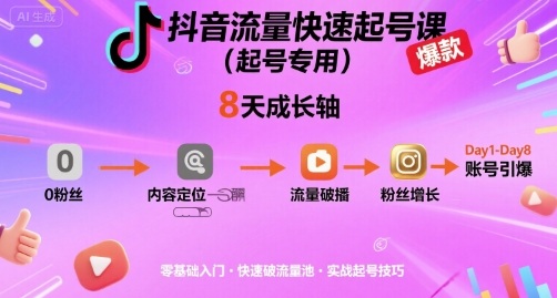 抖音流量快速起号课(起号专用)，8天带你做爆自己的账号-冒泡网