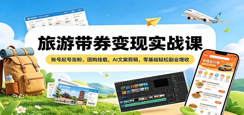 旅游带券变现实战课：账号起号涨粉，团购挂载，AI文案剪辑，零基础轻松副业增收-冒泡网