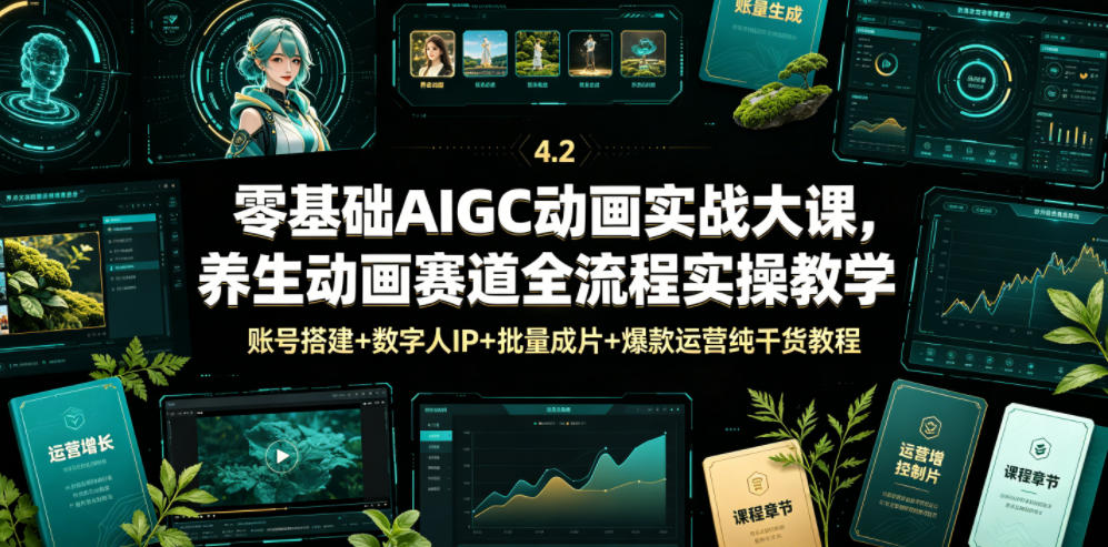 零基础AIGC动画实战大课，养生动画赛道全流程实操教学，账号搭建+数字人IP+批量成片+爆款运营纯干货教程-冒泡网