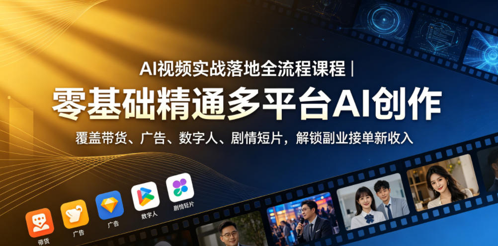 AI视频实战落地全流程课程｜零基础精通多平台AI创作，覆盖带货、广告、数字人、剧情短片，解锁副业接单新收入-冒泡网