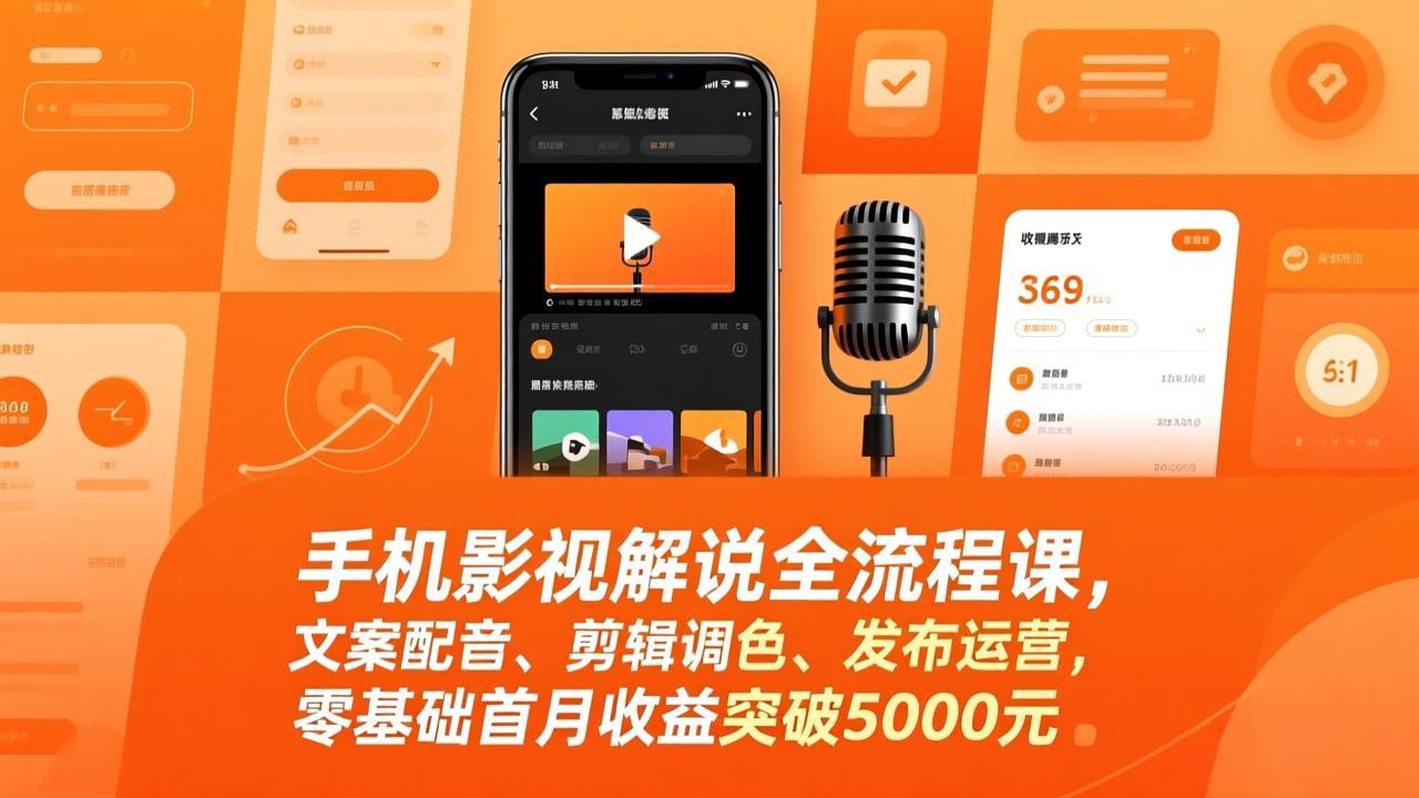 手机影视解说全流程课，文案配音、剪辑调色、发布运营，零基础首月收益突破5000元-冒泡网