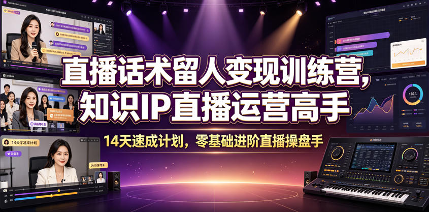 直播话术留人变现训练营，知识IP直播运营高手，14天速成计划，零基础进阶直播操盘手-冒泡网