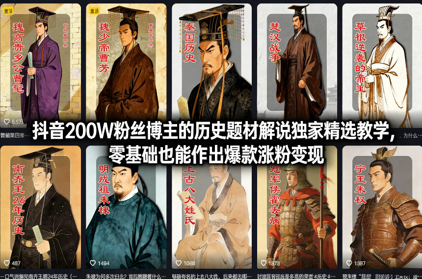 抖音200W粉丝博主的历史题材解说独家精选教学，零基础也能作出爆款涨粉变现-冒泡网