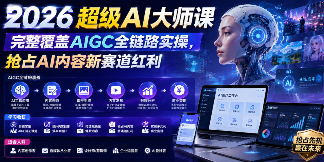 2026超级AI大师课，完整覆盖AIGC全链路实操，抢占AI内容新赛道红利-冒泡网