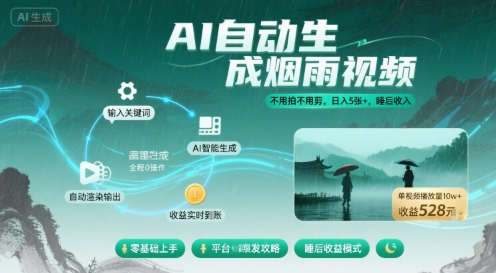 不用拍不用剪！AI自动生成烟雨视频，日入5张+，睡后收入-冒泡网