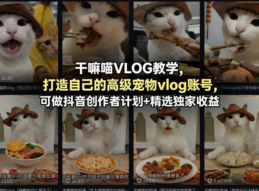 干嘛喵VLOG教学，打造自己的高级宠物vlog账号，可做抖音创作者计划+精选独家收益-冒泡网