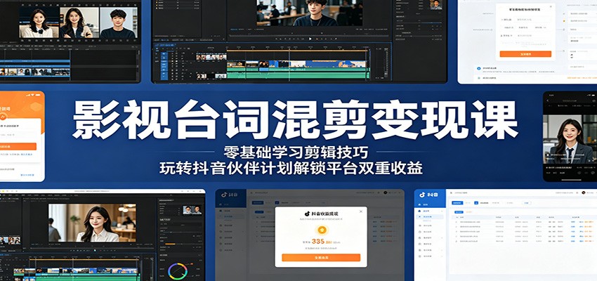 影视台词混剪变现课：零基础学习剪辑技巧，玩转抖音伙伴计划解锁平台双重收益-冒泡网