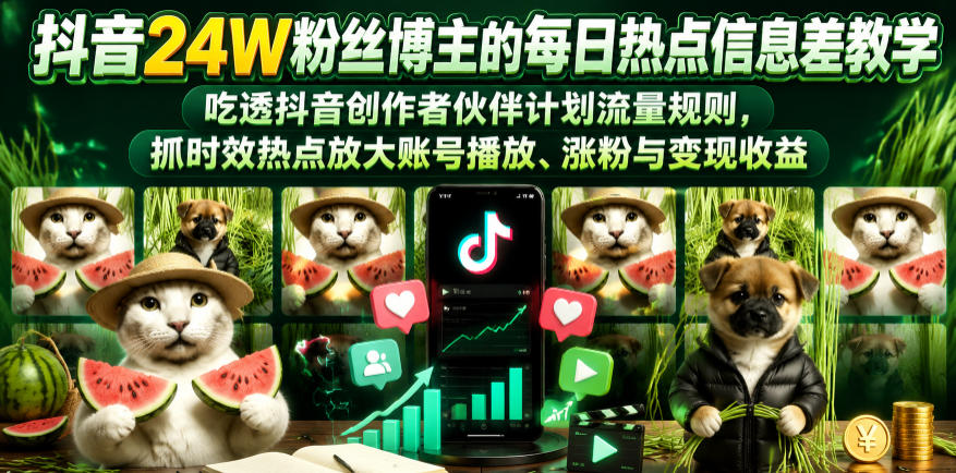 抖音24W粉丝博主的每日热点信息差教学，吃透创作者伙伴计划流量规则，抓时效热点放大账号播放、涨粉与变现收益(更新)-冒泡网