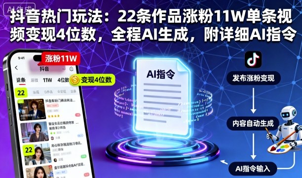抖音热门玩法：22条作品涨粉11W单条视频变现4位数，全程AI生成，附详细AI指令-冒泡网