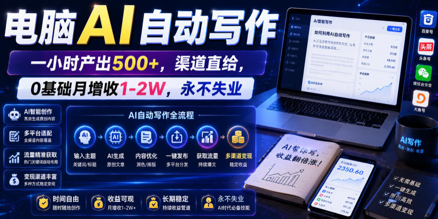 电脑AI自动写作，一小时产出500+，渠道直给，0基础月增收1-2W，永不失业【揭秘】-冒泡网